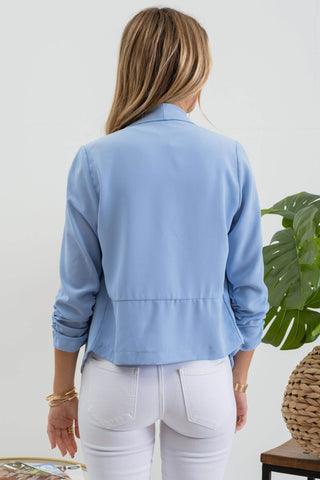 3/4 ROUCHED SLEEVE BLAZER: WHITE - Just Believe Boutique