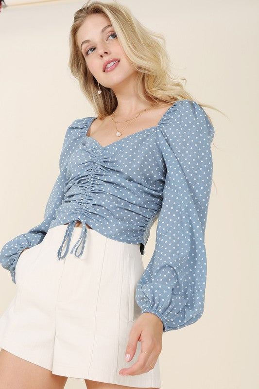 Ruched polka dot crop top with puff sleeves - JustBelieve.Boutique