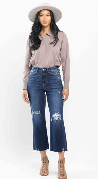 High Waisted Destroyed Crop Wide Leg - Just Believe Boutique