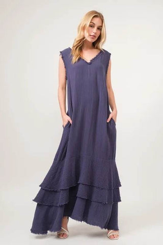 And The Why Washed Cotton Gauze Fringe Detail Tiered Dress - Just Believe Boutique