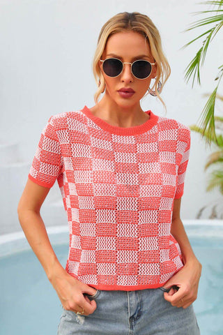 Angel Wings Checkered Short Sleeve Knit Top - Just Believe Boutique
