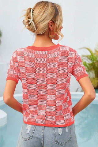 Angel Wings Checkered Short Sleeve Knit Top - Just Believe Boutique