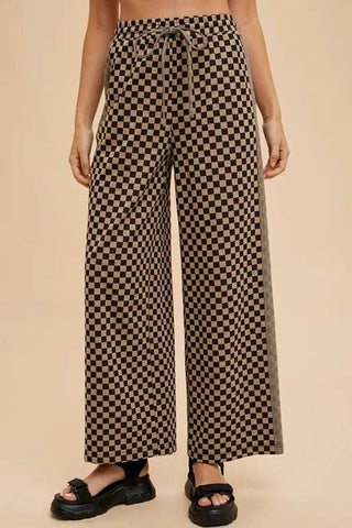 Annie Wear Drawstring Checkered Wide Leg Pants - Just Believe Boutique