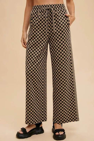 Annie Wear Drawstring Checkered Wide Leg Pants - Just Believe Boutique