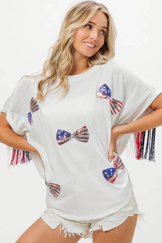 BiBi American Flag Sequin Ribbon T-Shirt - Just Believe Boutique