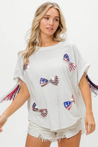 BiBi American Flag Sequin Ribbon T-Shirt - Just Believe Boutique