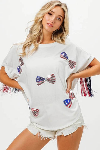 BiBi American Flag Sequin Ribbon T-Shirt - Just Believe Boutique