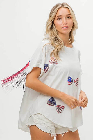 BiBi American Flag Sequin Ribbon T-Shirt - Just Believe Boutique