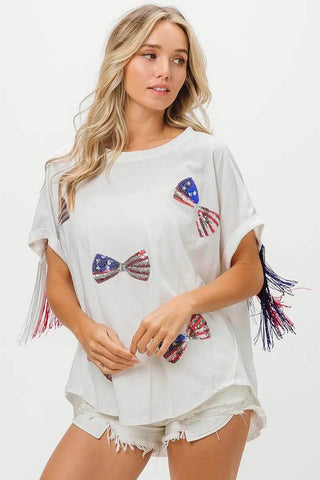 BiBi American Flag Sequin Ribbon T-Shirt - Just Believe Boutique