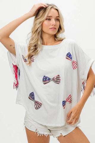 BiBi American Flag Sequin Ribbon T-Shirt - Just Believe Boutique