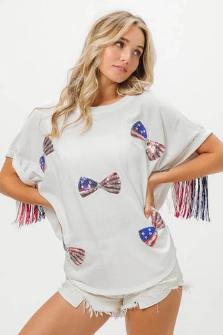 BiBi American Flag Sequin Ribbon T-Shirt - Just Believe Boutique