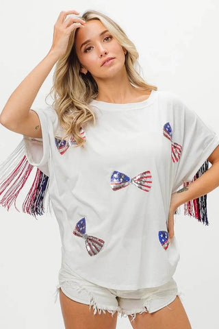BiBi American Flag Sequin Ribbon T-Shirt - Just Believe Boutique
