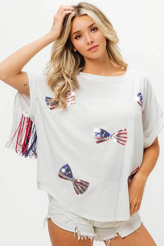 BiBi American Flag Sequin Ribbon T-Shirt - Just Believe Boutique