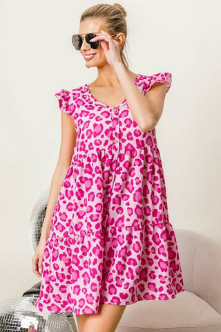 BiBi Leopard Cap Sleeve Tiered Mini Dress - Just Believe Boutique