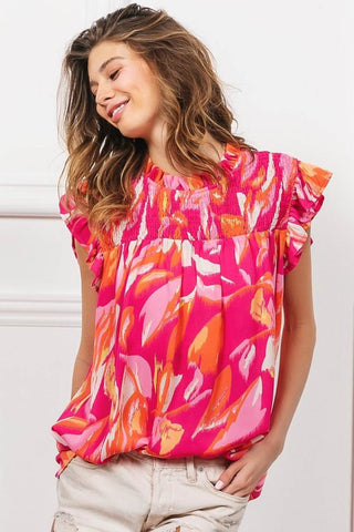BiBi Smocked Yoke Ruffled Floral Top - Just Believe Boutique