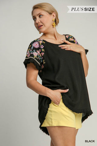 Black with Embroidered Sleeves - Just Believe Boutique
