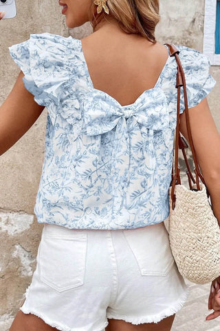Bow Back Printed Ruffled Cap Sleeve Blouse - Just Believe Boutique