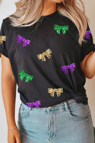 Bow Print Sequin Round Neck Short Sleeve T-Shirt - Just Believe Boutique