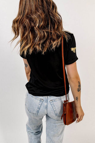 Bow Print Sequin Round Neck Short Sleeve T-Shirt - Just Believe Boutique