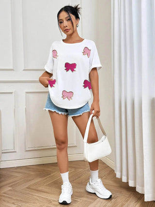 Bow Round Neck Casual T-Shirt - Just Believe Boutique