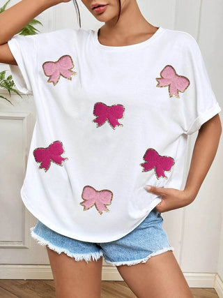 Bow Round Neck Casual T-Shirt - Just Believe Boutique