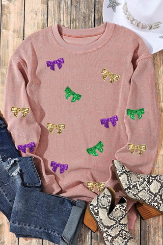 Bow Sequin Round Neck Sweatshirt - Just Believe Boutique