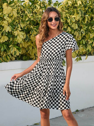 Checkered Single Shoulder Mini Dress - Just Believe Boutique