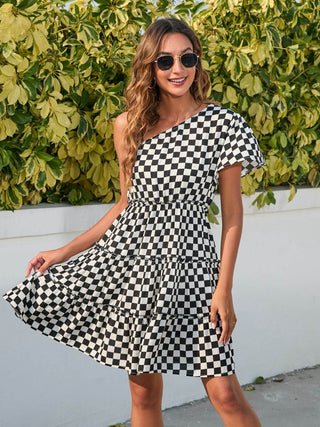 Checkered Single Shoulder Mini Dress - Just Believe Boutique