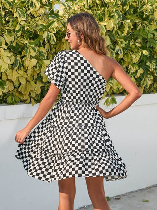 Checkered Single Shoulder Mini Dress - Just Believe Boutique