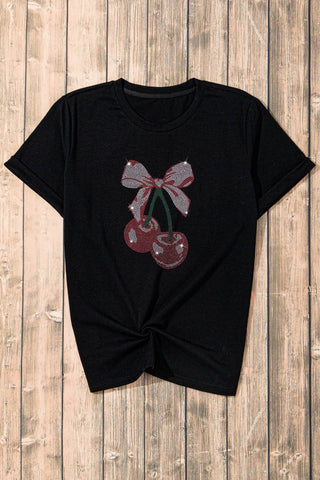 Cherry Graphic Round Neck Short Sleeve T-Shirt - Just Believe Boutique