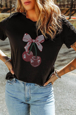 Cherry Graphic Round Neck Short Sleeve T-Shirt - Just Believe Boutique