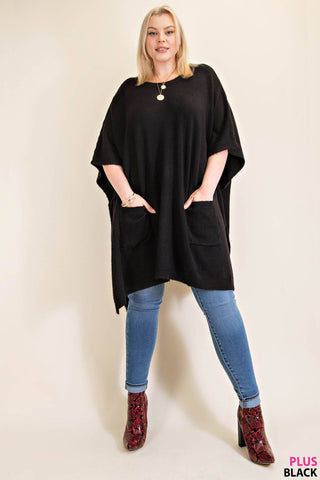CLASSIC OVERSIZED ROUND NECK PONCHO SWEATER : BLACK / XL/1XL - Just Believe Boutique