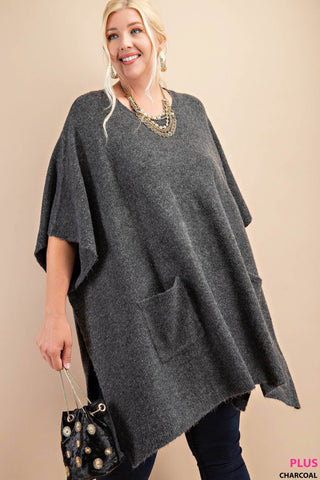 CLASSIC OVERSIZED ROUND NECK PONCHO SWEATER : BLACK / XL/1XL - Just Believe Boutique