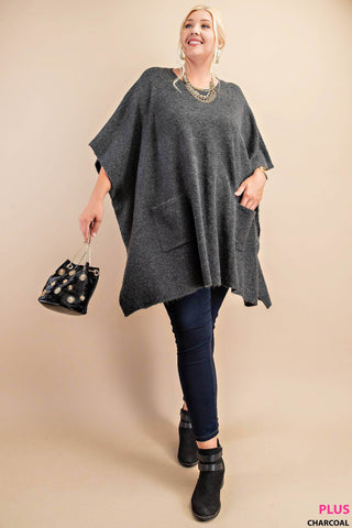 CLASSIC OVERSIZED ROUND NECK PONCHO SWEATER : BLACK / XL/1XL - Just Believe Boutique