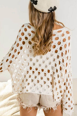 Cutout Round Neck Dropped Shoulder Knit Cover Up - Just Believe Boutique