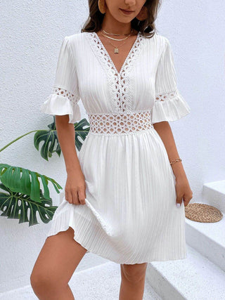 Cutout V-Neck Flounce Sleeve Mini Dress - Just Believe Boutique