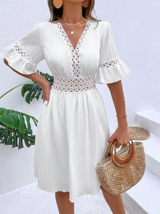 Cutout V-Neck Flounce Sleeve Mini Dress - Just Believe Boutique