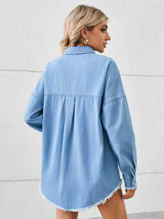 Distressed Raw Hem Dropped Shoulder Denim Jacket - Just Believe Boutique