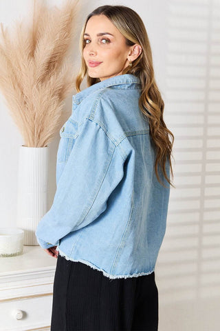 Double Take Dropped Shoulder Raw Hem Denim Jacket - Just Believe Boutique