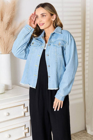 Double Take Dropped Shoulder Raw Hem Denim Jacket - Just Believe Boutique