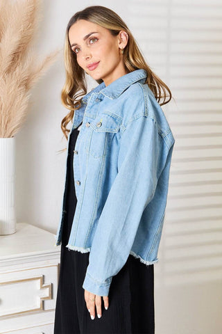 Double Take Dropped Shoulder Raw Hem Denim Jacket - Just Believe Boutique