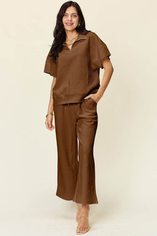 Double Take Full Size Texture Half Zip Short Sleeve Top and Pants Set - Just Believe Boutique