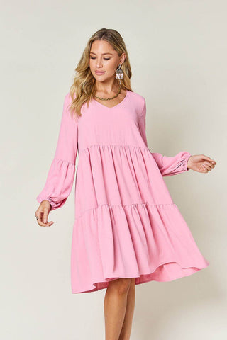 Double Take Full Size V-Neck Balloon Sleeve Tiered Dress with Pockets - Just Believe Boutique