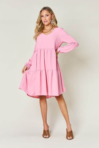 Double Take Full Size V-Neck Balloon Sleeve Tiered Dress with Pockets - Just Believe Boutique