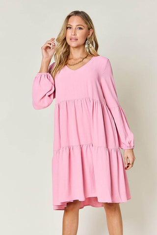 Double Take Full Size V-Neck Balloon Sleeve Tiered Dress with Pockets - Just Believe Boutique