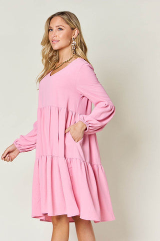 Double Take Full Size V-Neck Balloon Sleeve Tiered Dress with Pockets - Just Believe Boutique