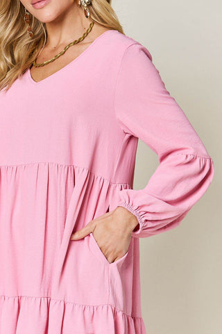 Double Take Full Size V-Neck Balloon Sleeve Tiered Dress with Pockets - Just Believe Boutique