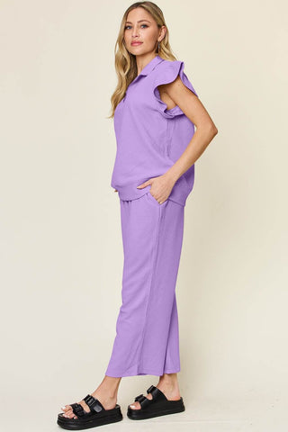 Double Take Texture Ruffle Short Sleeve Top and Drawstring Wide Leg Pants Set - Just Believe Boutique