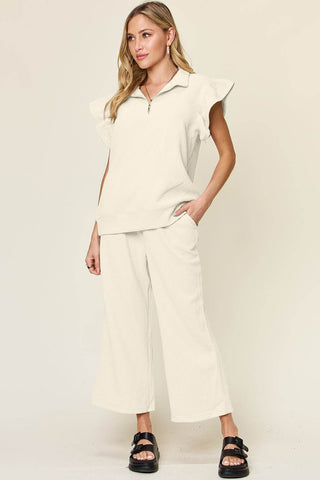 Double Take Texture Ruffle Short Sleeve Top and Drawstring Wide Leg Pants Set - Just Believe Boutique