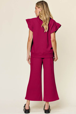 Double Take Texture Ruffle Short Sleeve Top and Drawstring Wide Leg Pants Set - Just Believe Boutique